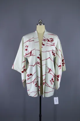 1950s Vintage Haori Kimono Jacket / White Red Floral Watercolor
