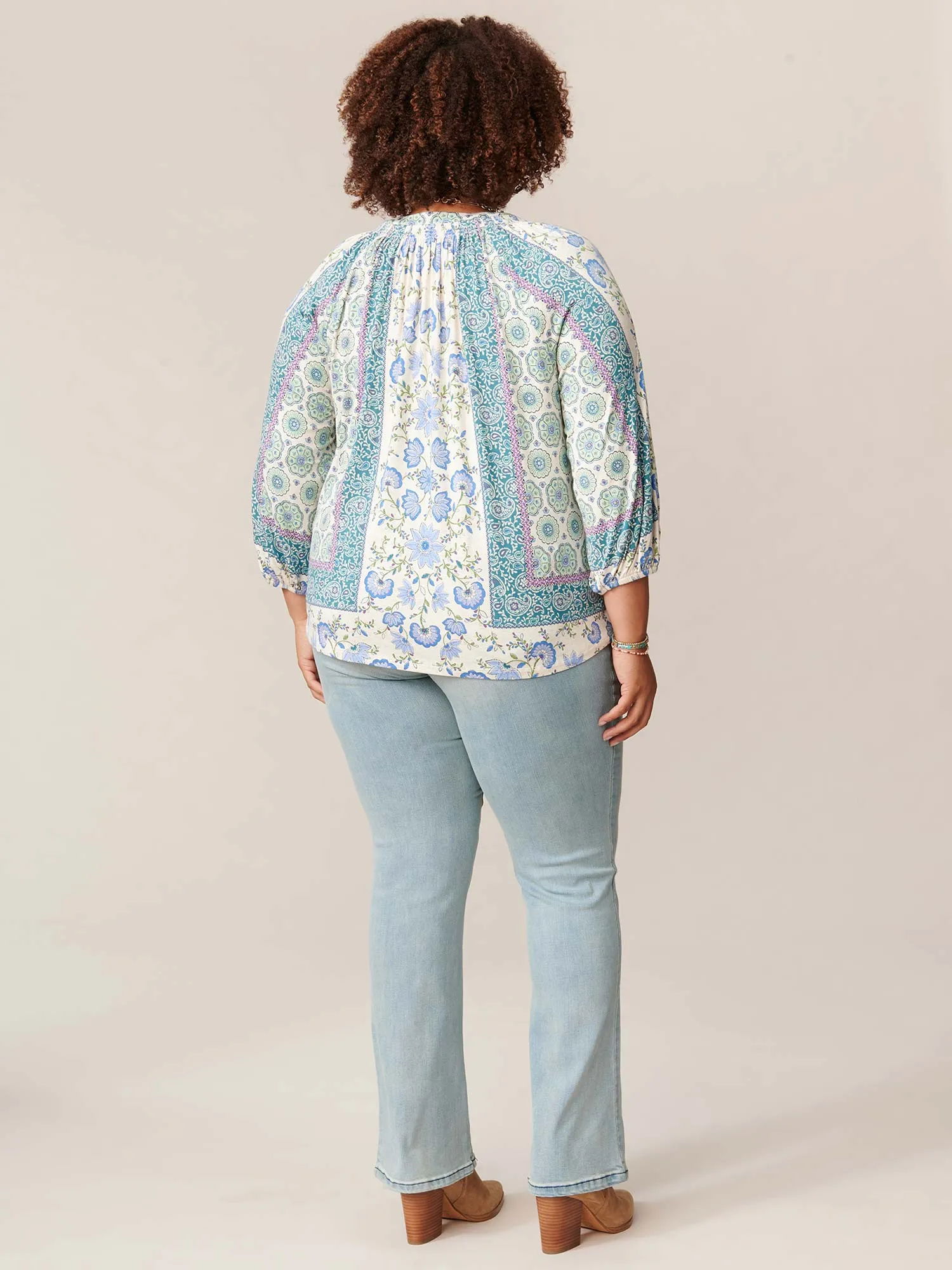 3/4 Blouson Sleeve Split Neck Printed Knit Plus Top