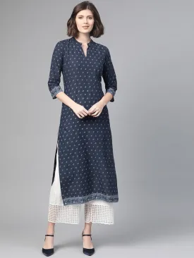 Adults-Women Navy Blue & White Cotton Straight Ethnic Motifs Printed Kurta