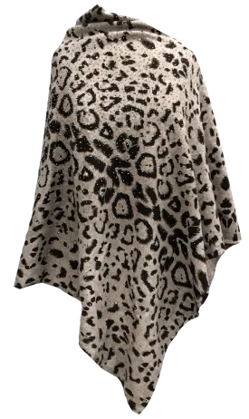 Animal Print Poncho with Embellishments and Fur Trim- Leopard