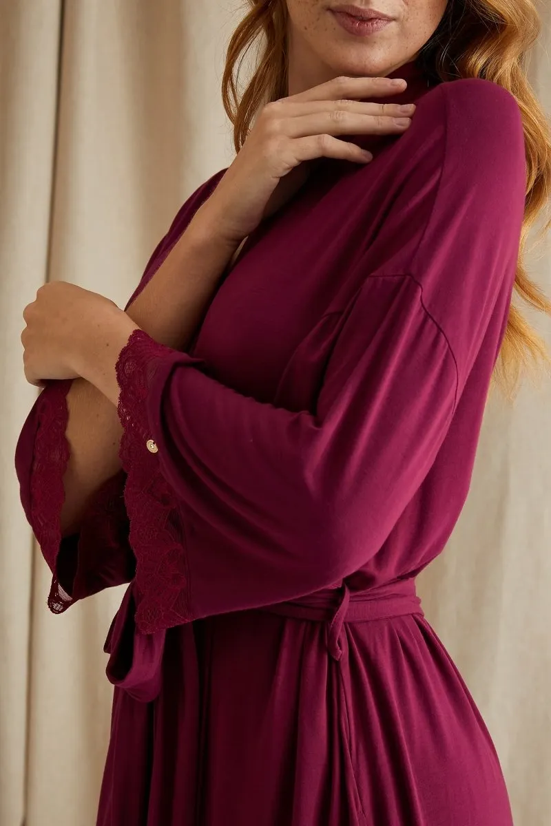 Bamboo Lace Kimono Robe in Bordeaux