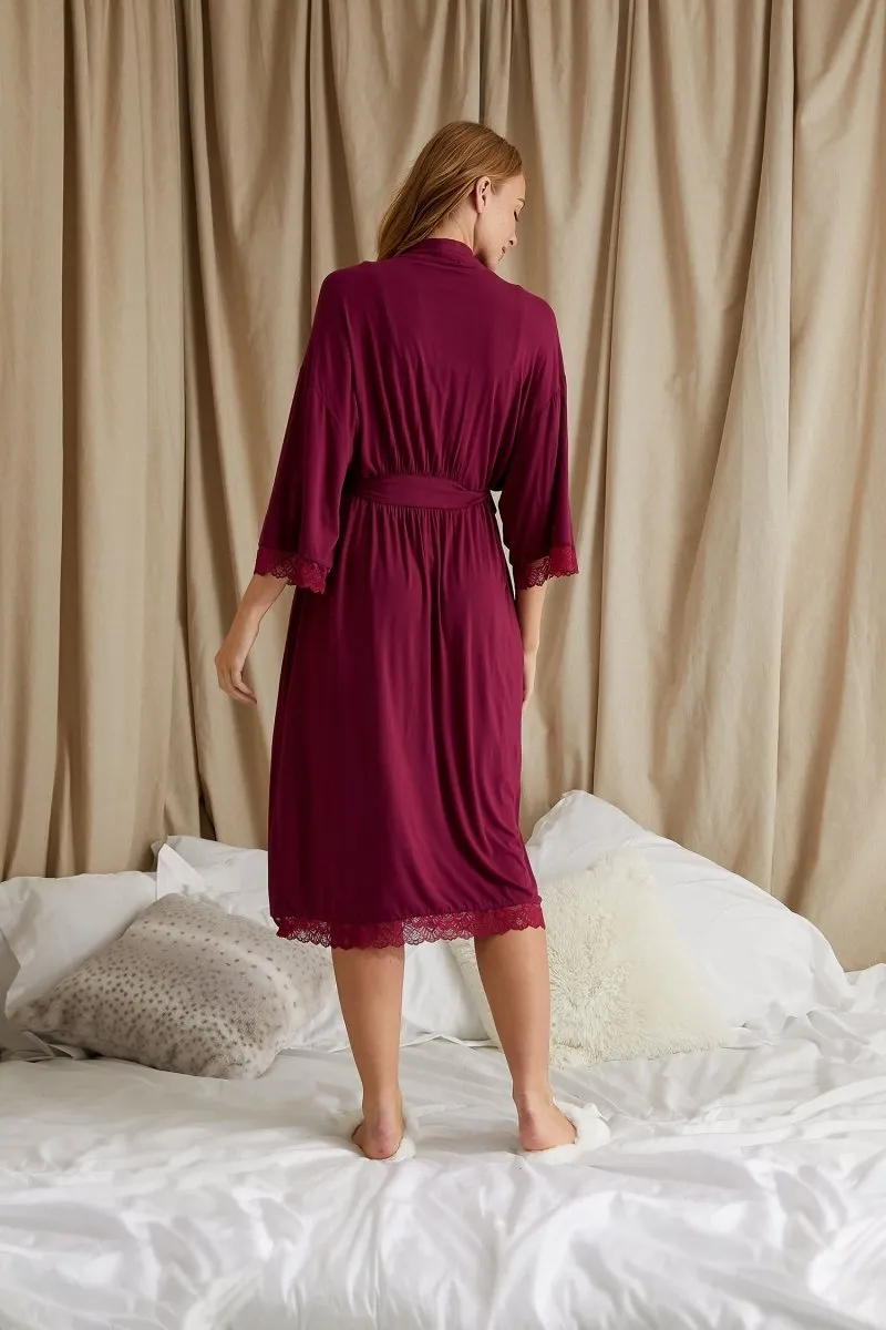 Bamboo Lace Kimono Robe in Bordeaux
