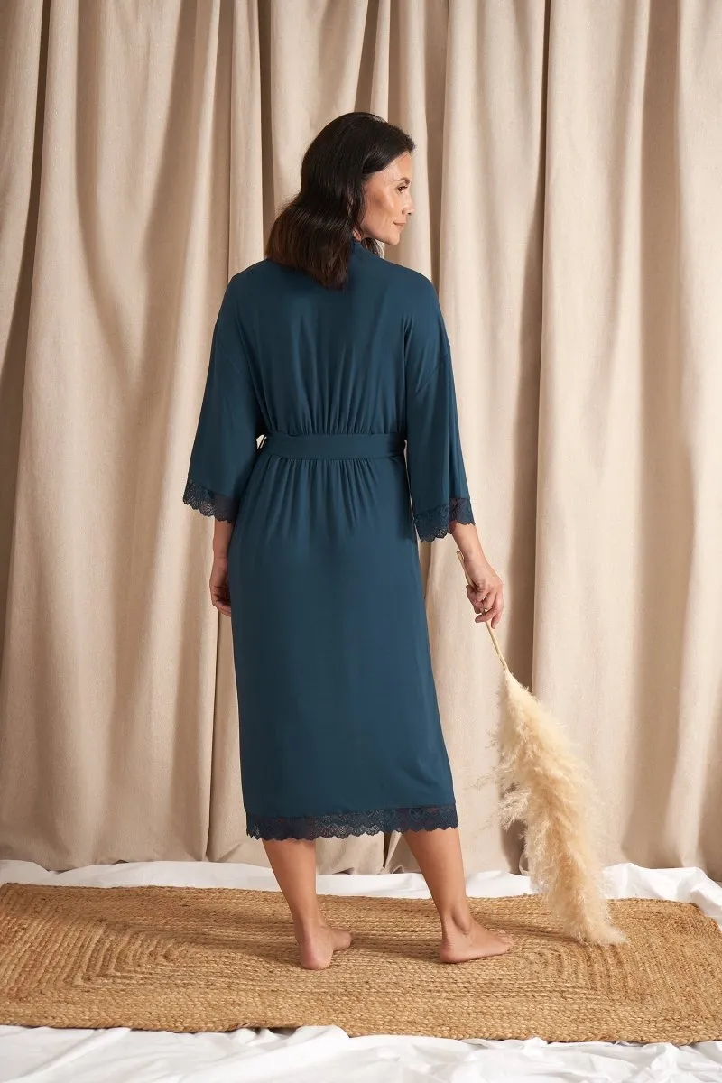 Bamboo Lace Kimono Robe in Teal