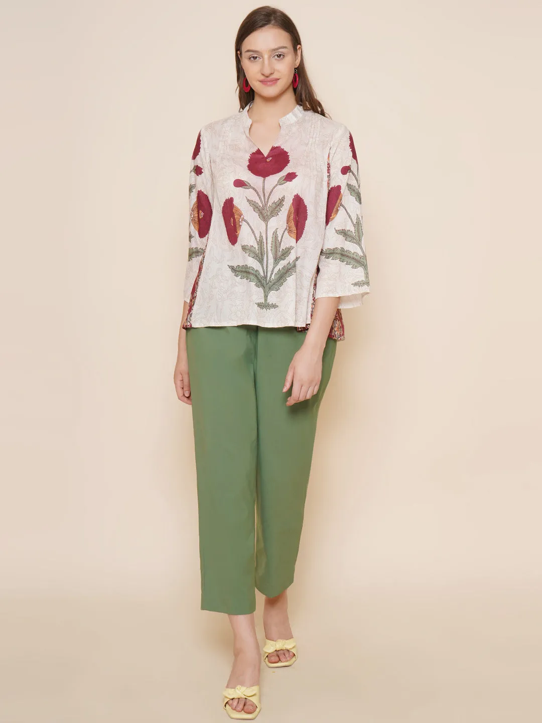 Beige & Maroon Printed Top