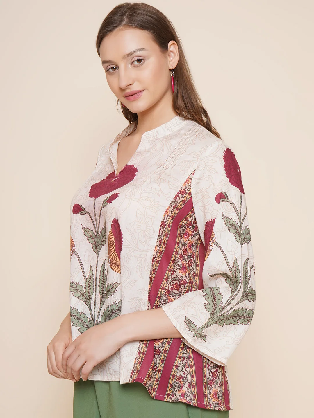Beige & Maroon Printed Top
