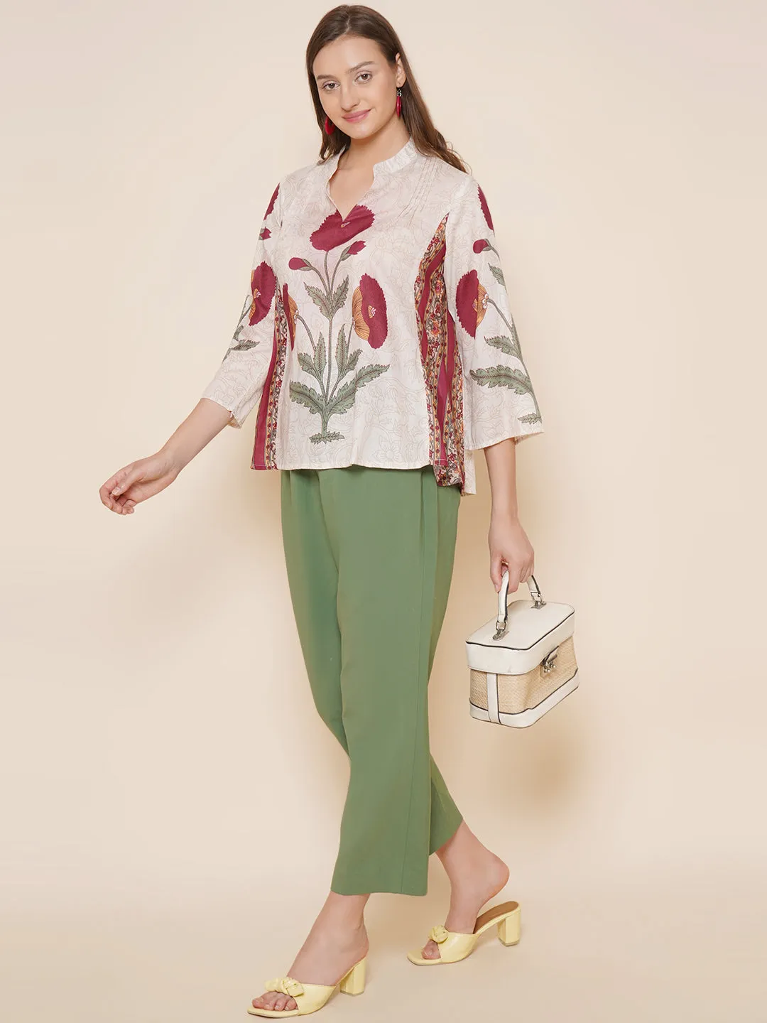 Beige & Maroon Printed Top
