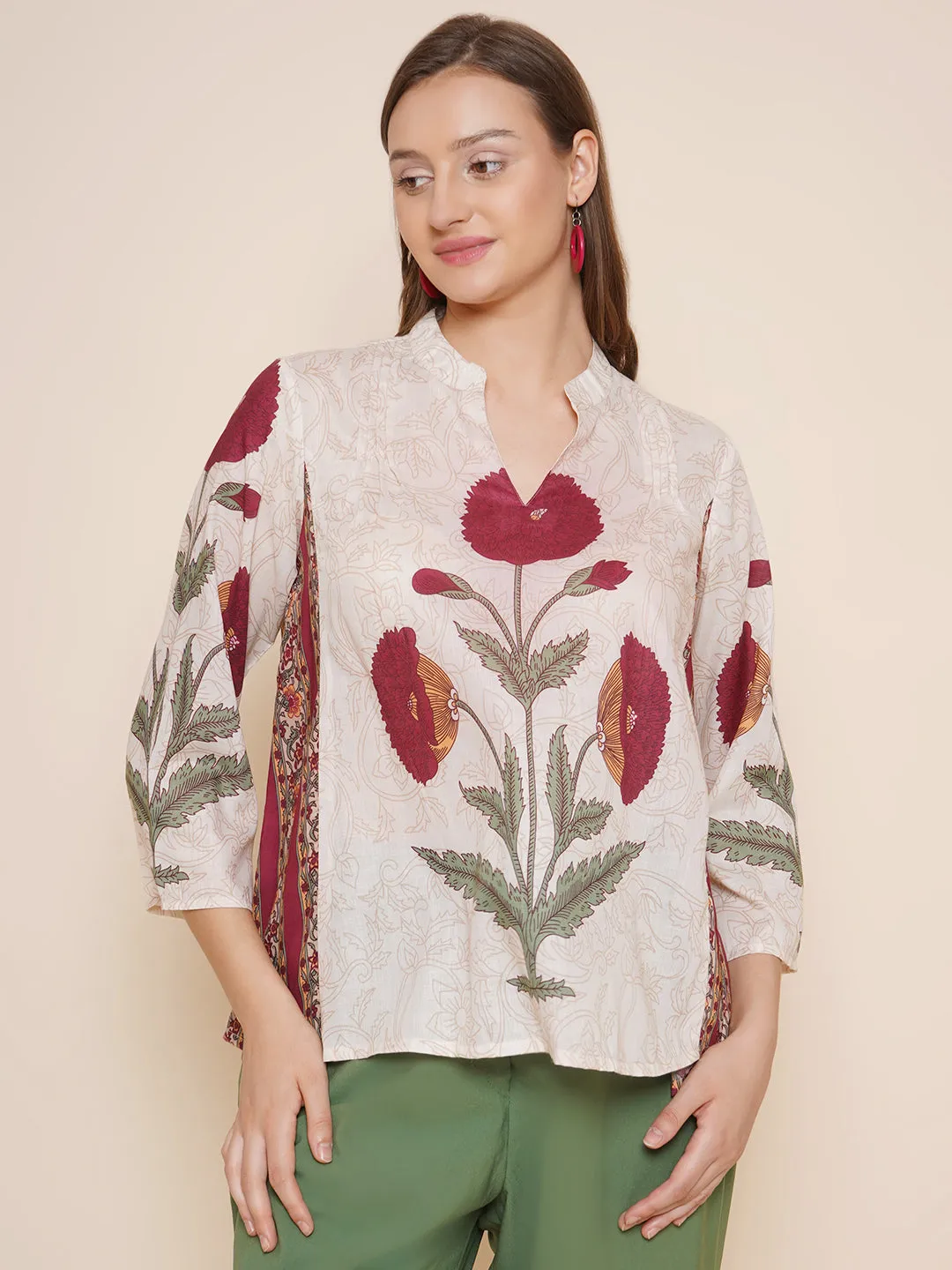 Beige & Maroon Printed Top