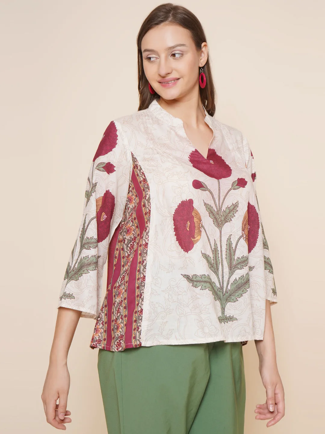 Beige & Maroon Printed Top