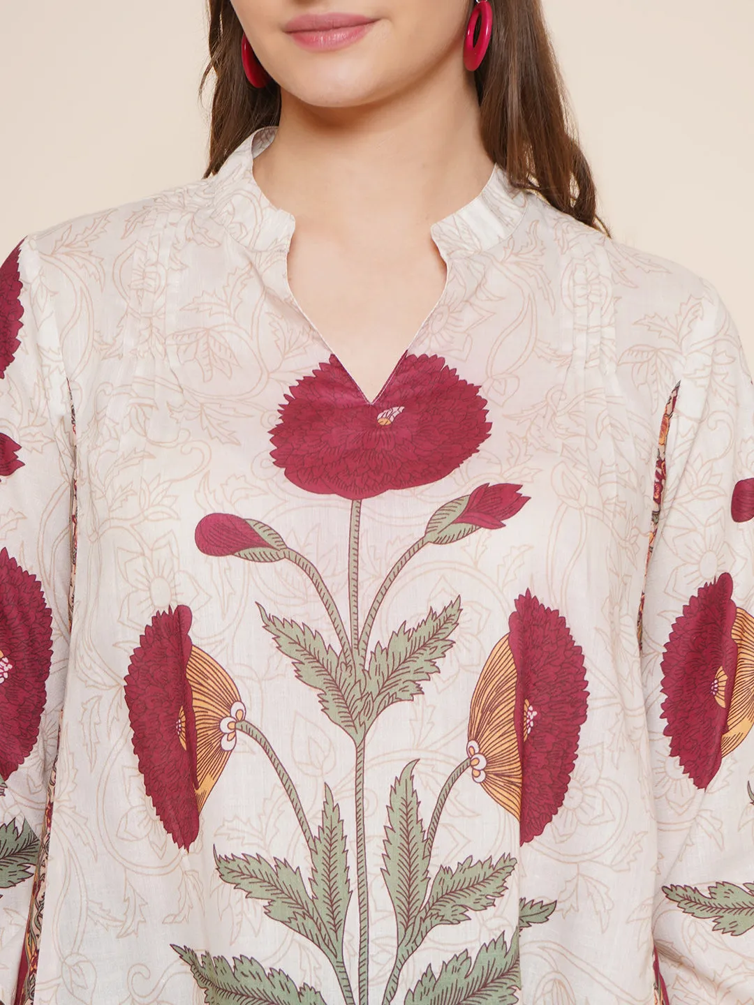 Beige & Maroon Printed Top