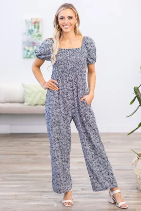 Black and White Abstract Puff Sleeve Jumpsuit
