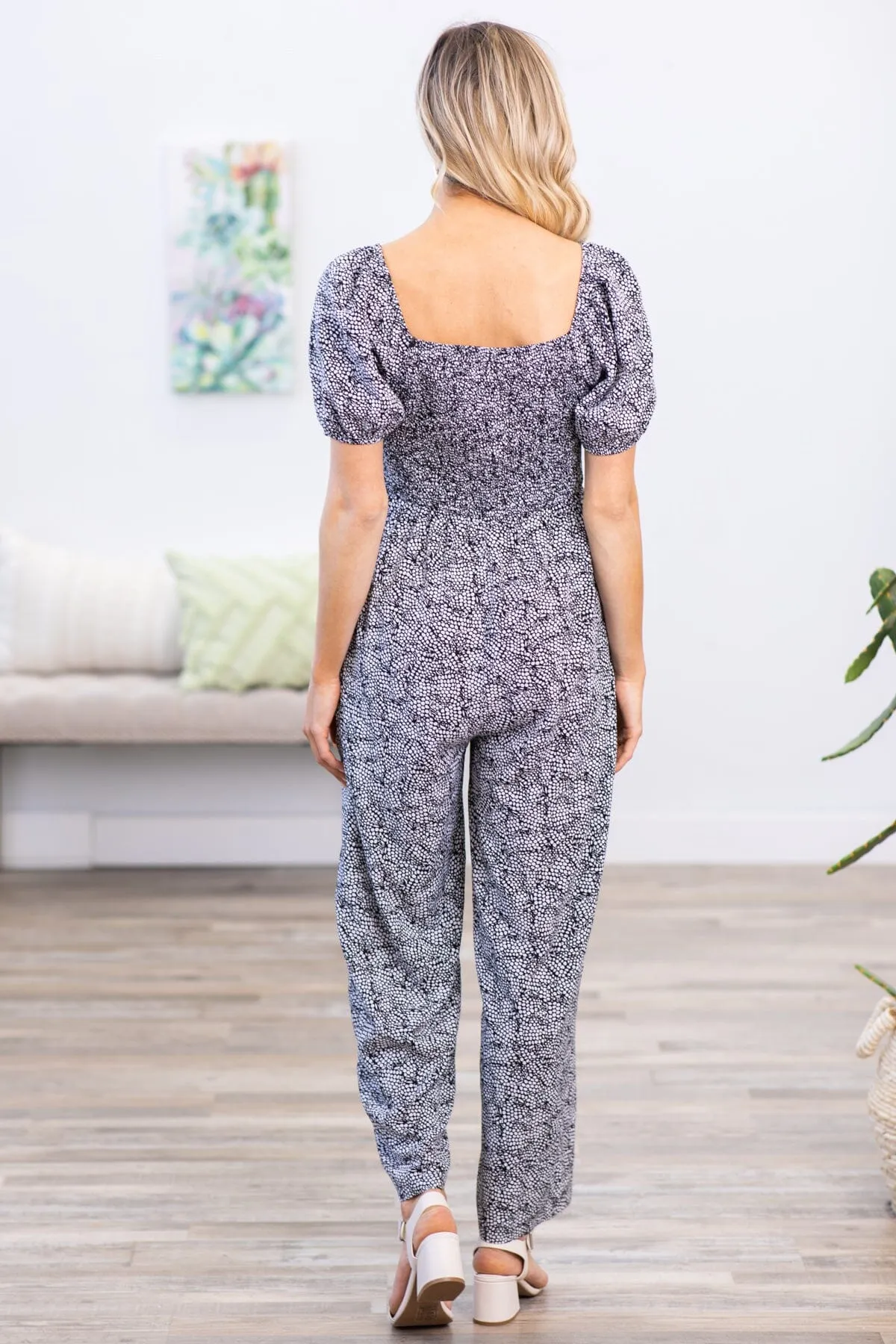 Black and White Abstract Puff Sleeve Jumpsuit