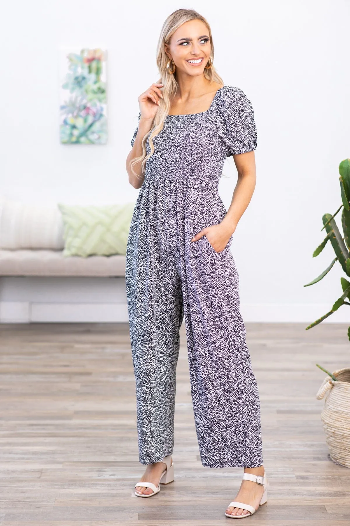 Black and White Abstract Puff Sleeve Jumpsuit