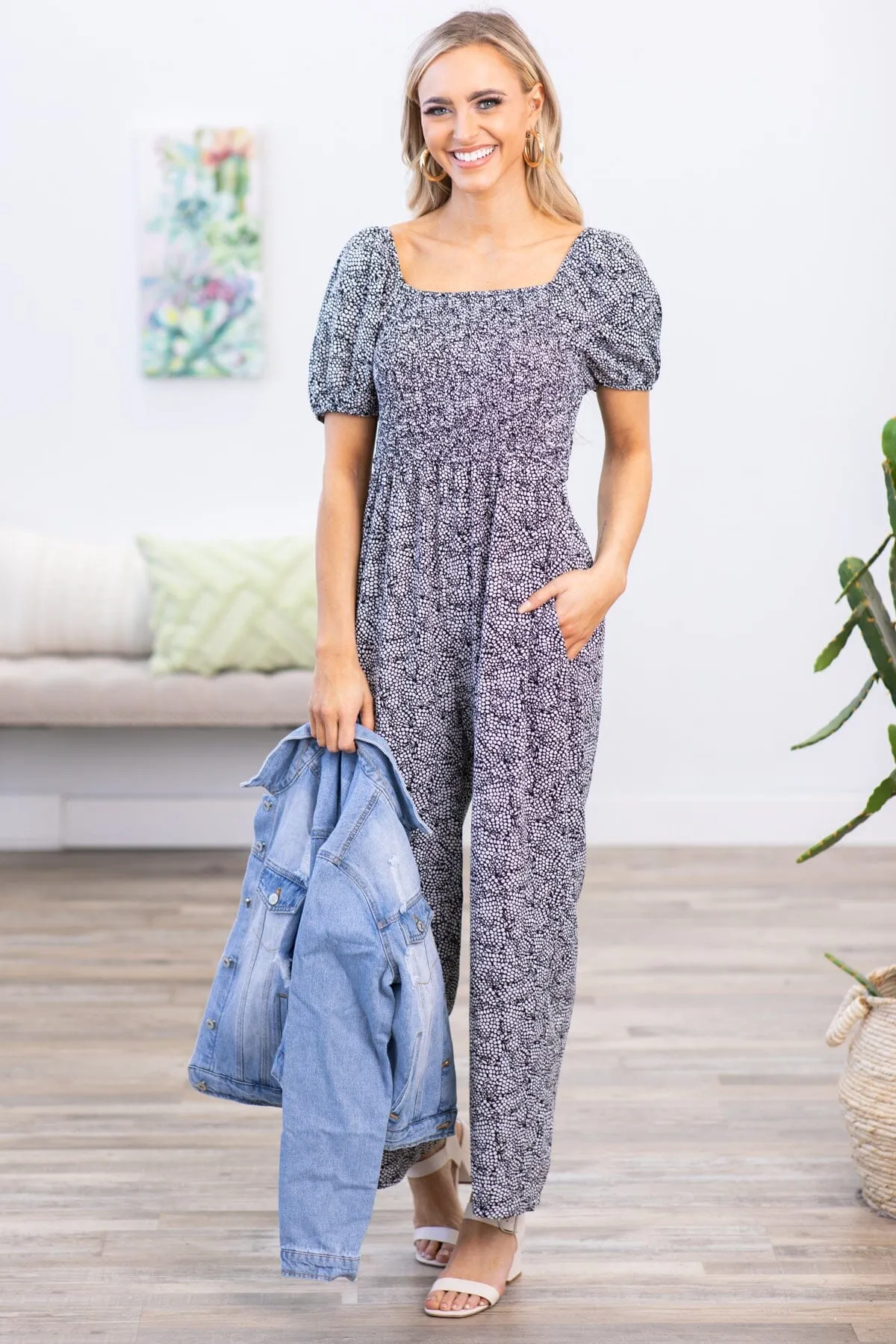 Black and White Abstract Puff Sleeve Jumpsuit