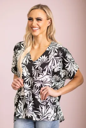 Black and White Tropical Print V-Neck Top