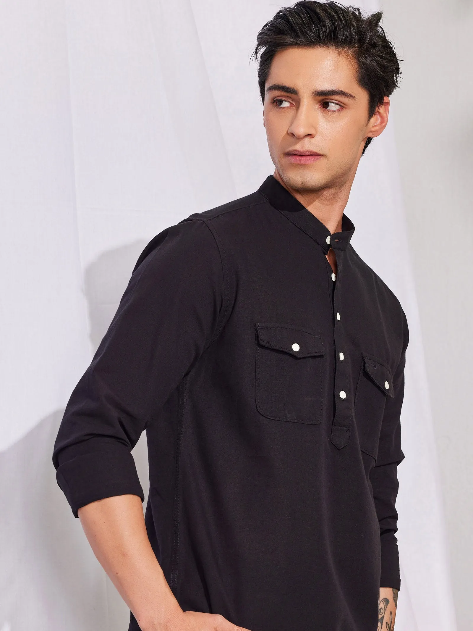 Black Double Pocket Kurta
