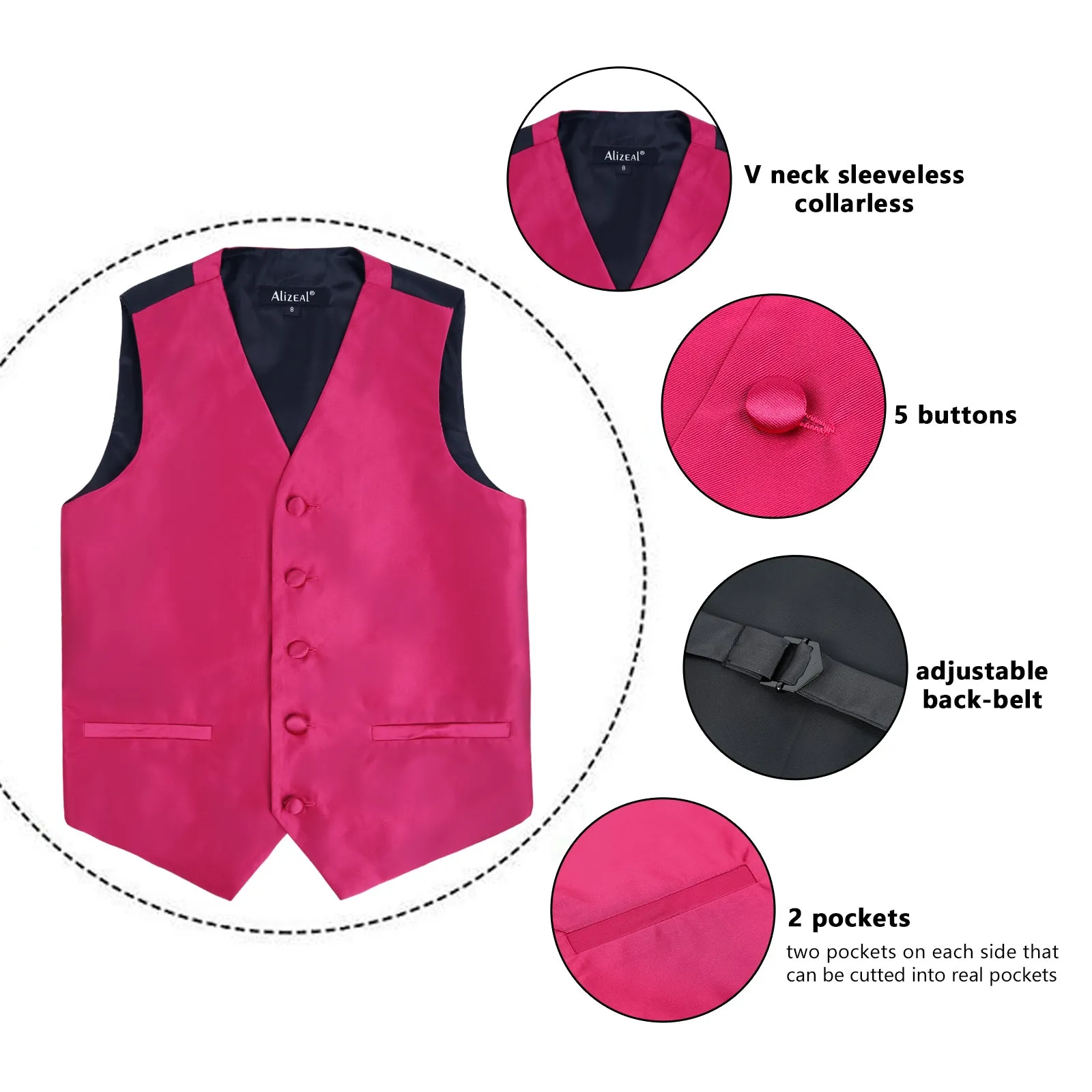 Boy's Classic Solid Bow Tie, Necktie and Suit Vest Set, 078-Rose Red