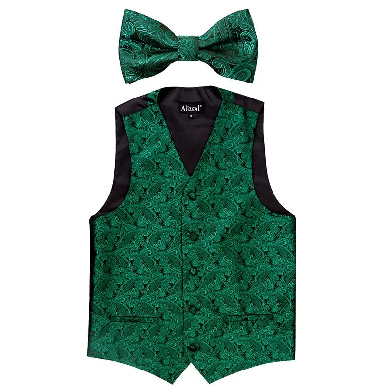 Boy's Paisley Jacquard Party Pre-Tied Bow Tie and Suit Vest Set, 079-Dark Green