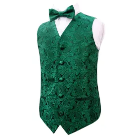Boy's Paisley Jacquard Party Pre-Tied Bow Tie and Suit Vest Set, 079-Dark Green