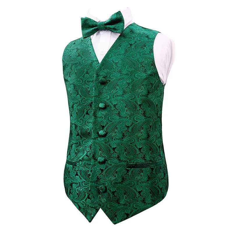 Boy's Paisley Jacquard Party Pre-Tied Bow Tie and Suit Vest Set, 079-Dark Green