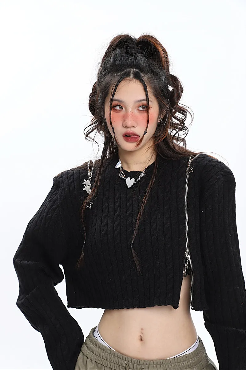 Brooke Solid Color Black Zip Up Long Sleeve Knitted Sweater Top