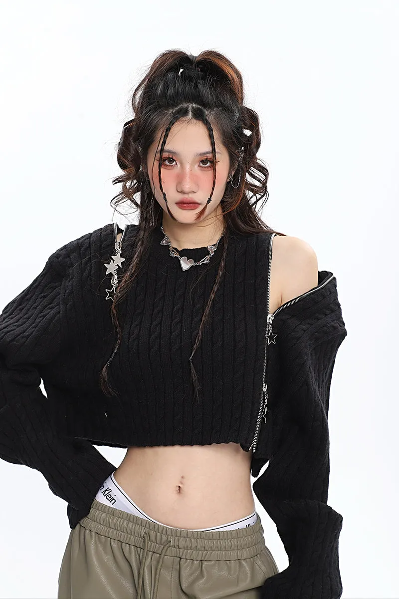 Brooke Solid Color Black Zip Up Long Sleeve Knitted Sweater Top