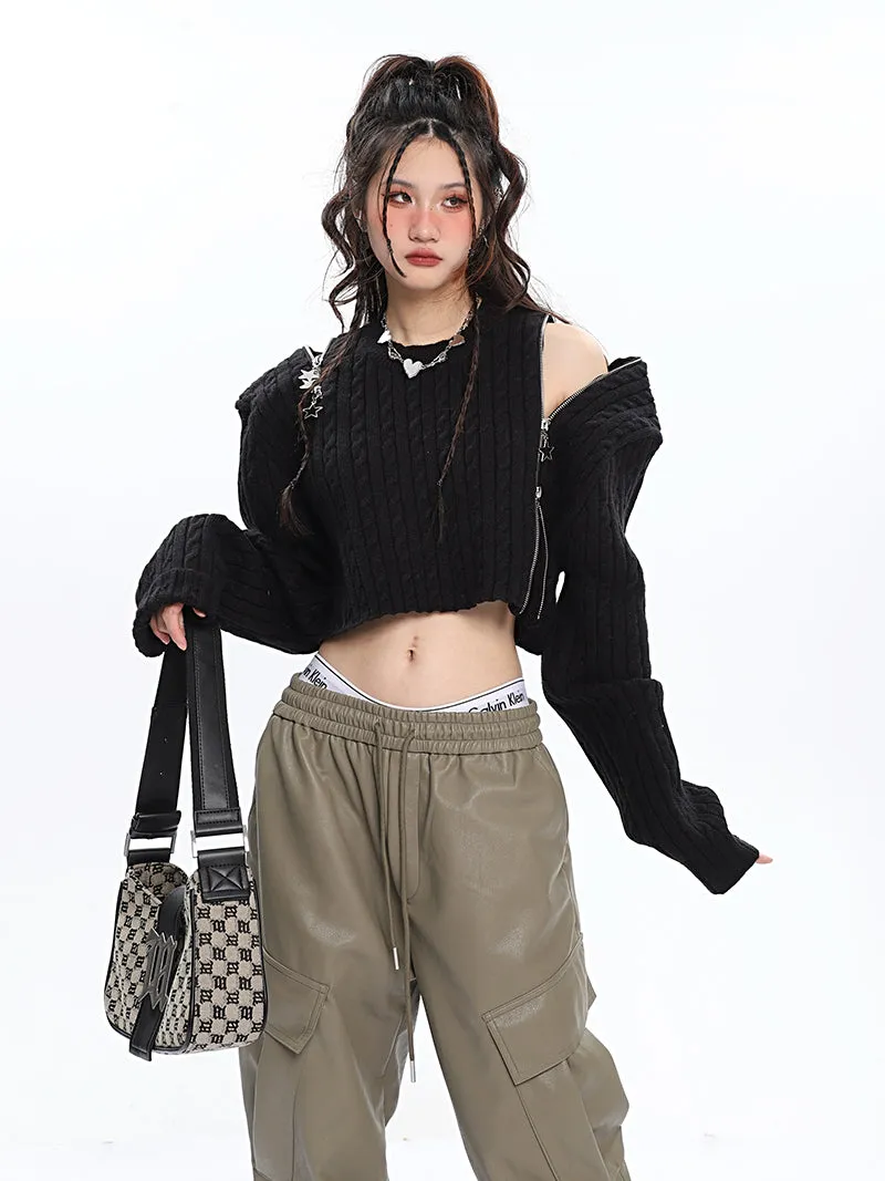 Brooke Solid Color Black Zip Up Long Sleeve Knitted Sweater Top