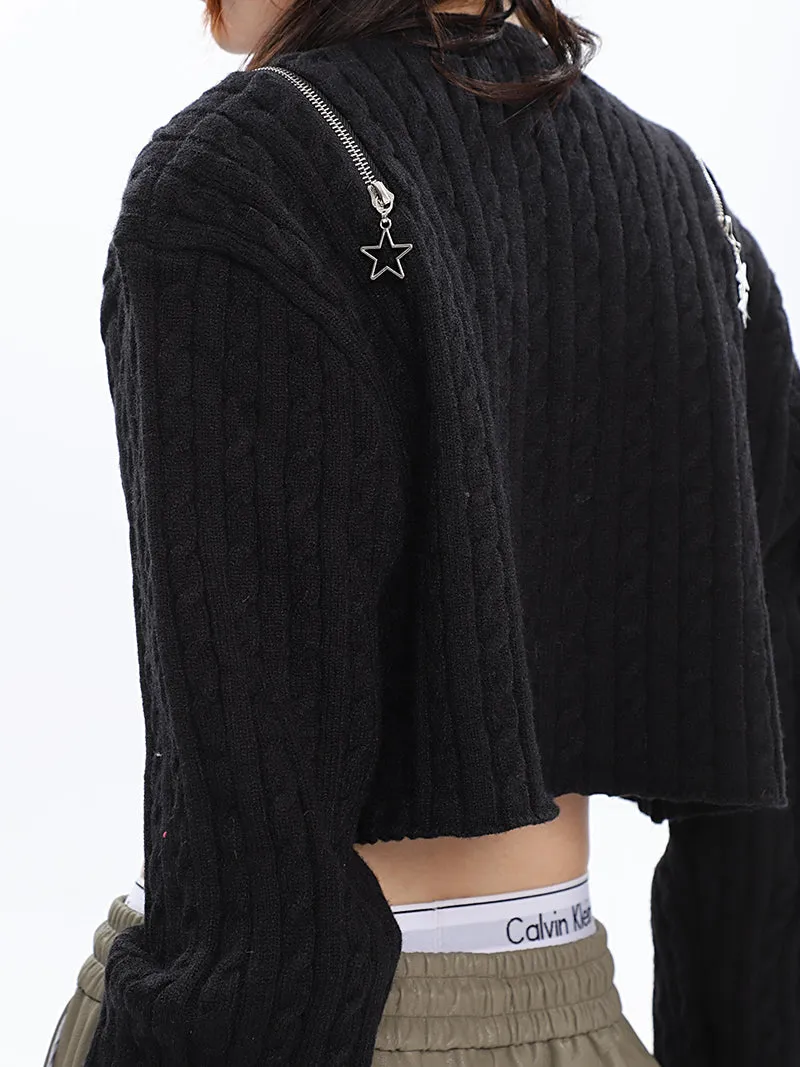 Brooke Solid Color Black Zip Up Long Sleeve Knitted Sweater Top