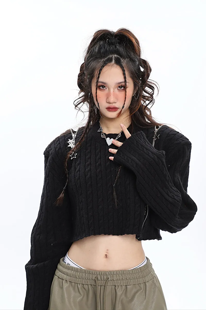 Brooke Solid Color Black Zip Up Long Sleeve Knitted Sweater Top