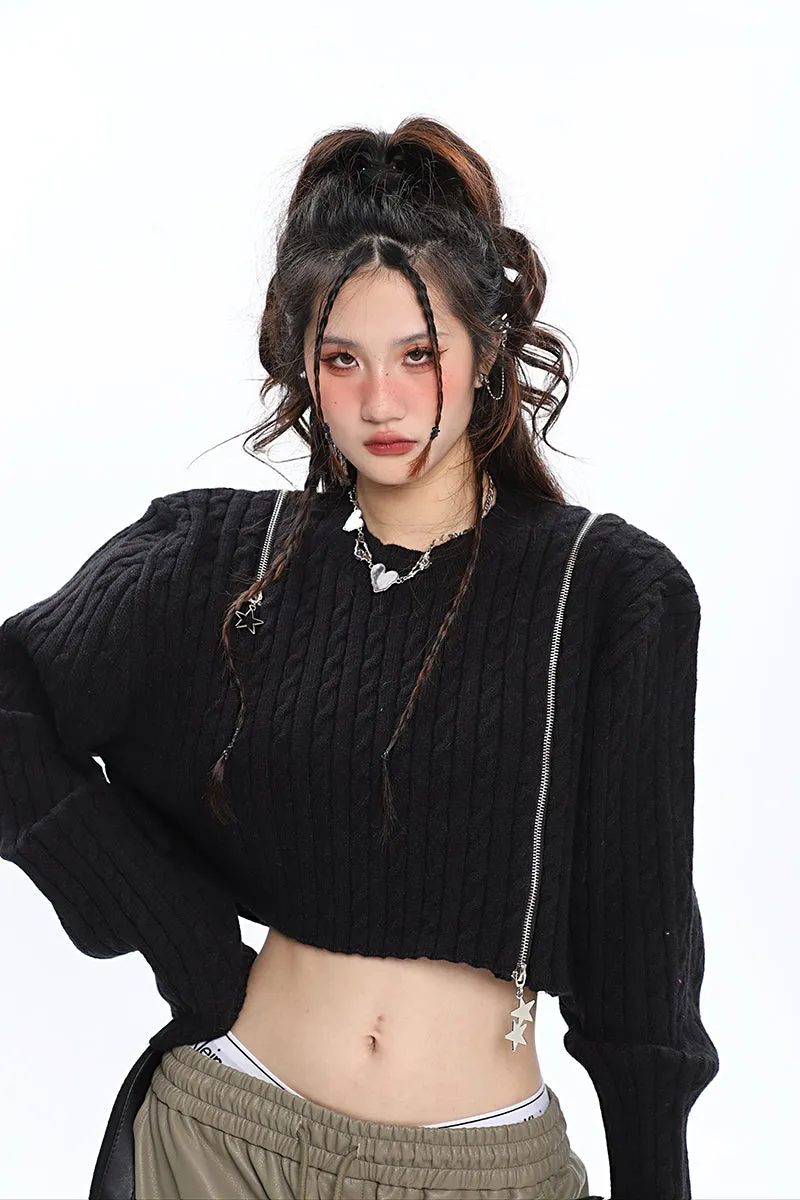 Brooke Solid Color Black Zip Up Long Sleeve Knitted Sweater Top