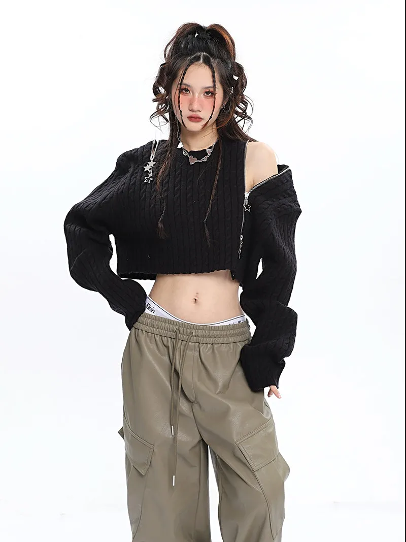 Brooke Solid Color Black Zip Up Long Sleeve Knitted Sweater Top