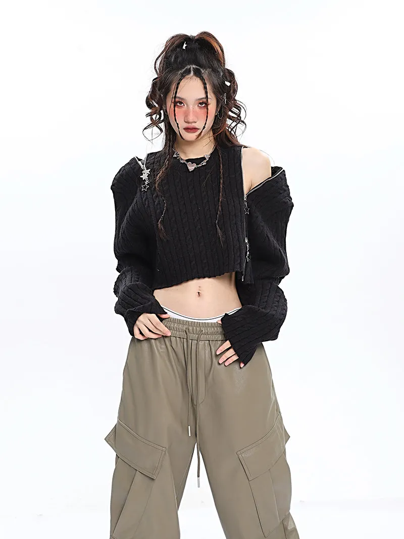 Brooke Solid Color Black Zip Up Long Sleeve Knitted Sweater Top