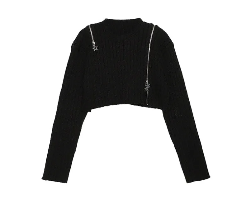 Brooke Solid Color Black Zip Up Long Sleeve Knitted Sweater Top