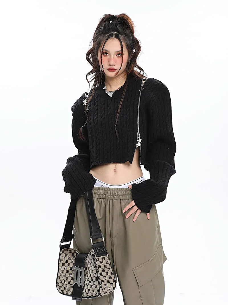 Brooke Solid Color Black Zip Up Long Sleeve Knitted Sweater Top