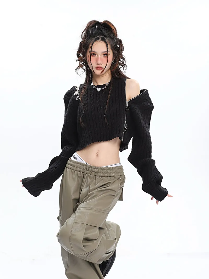 Brooke Solid Color Black Zip Up Long Sleeve Knitted Sweater Top