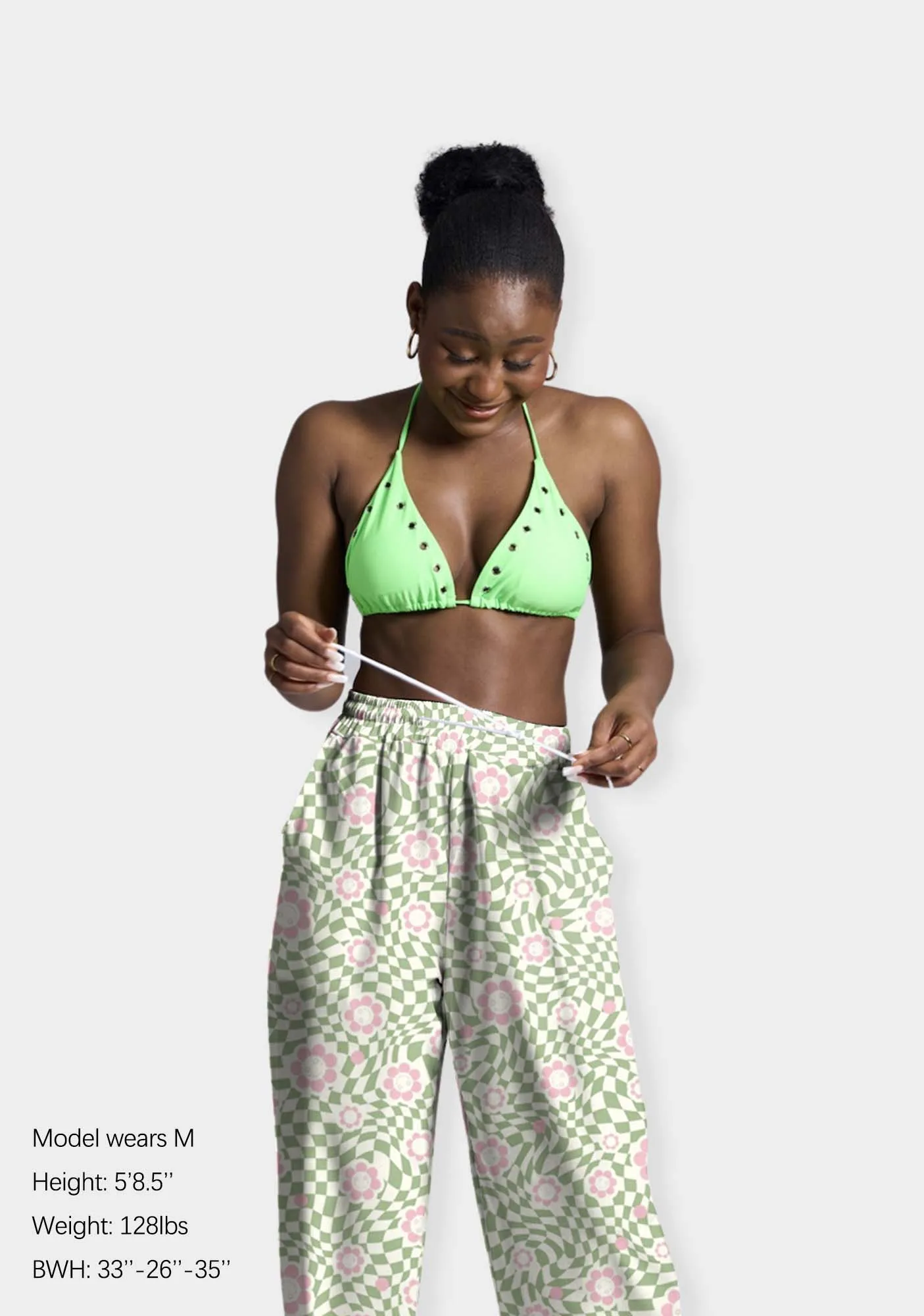 Checkerboard Pink Daisy Print Casual Pants