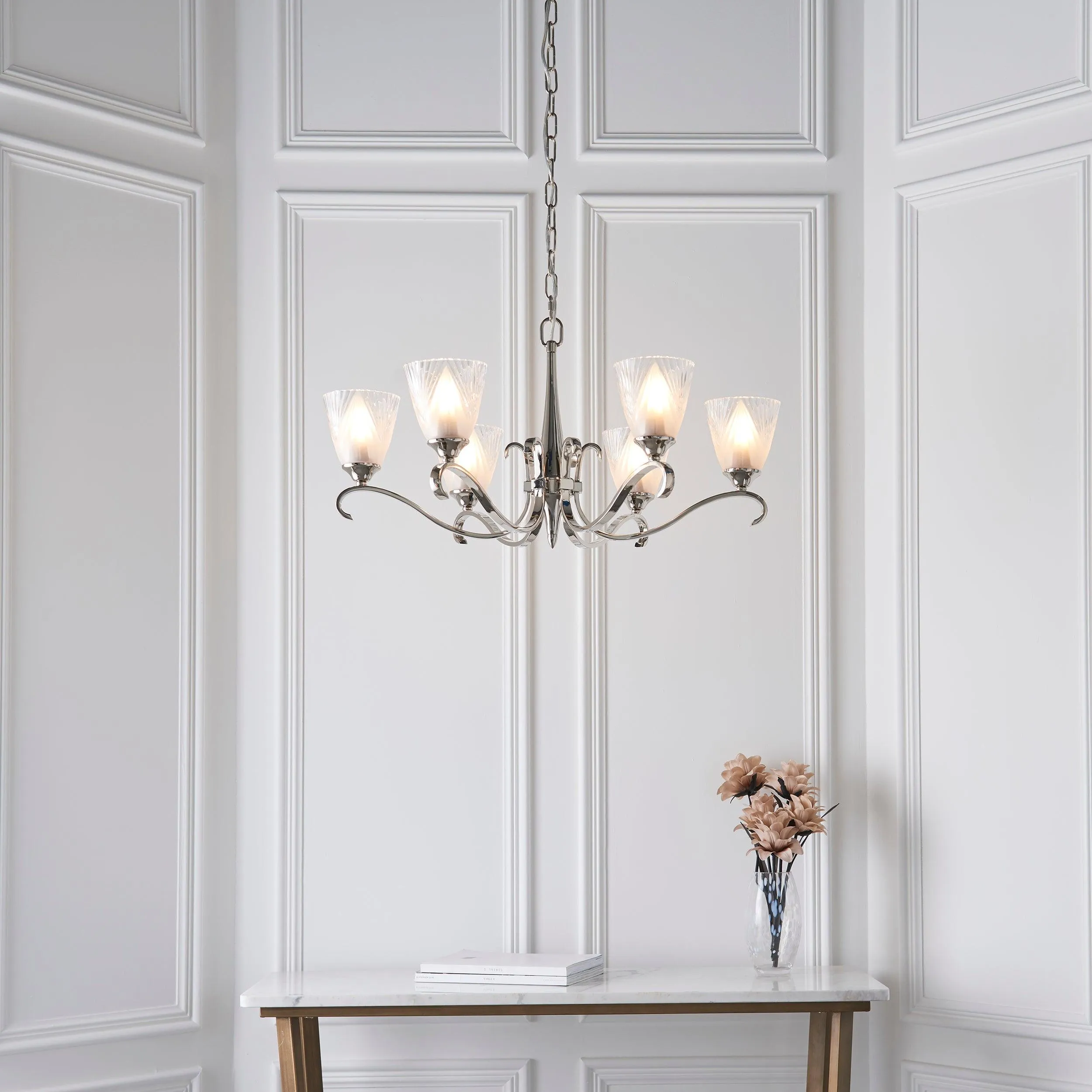 Columbia 6 Light Nickel Chandelier - Art Deco Glass Shade
