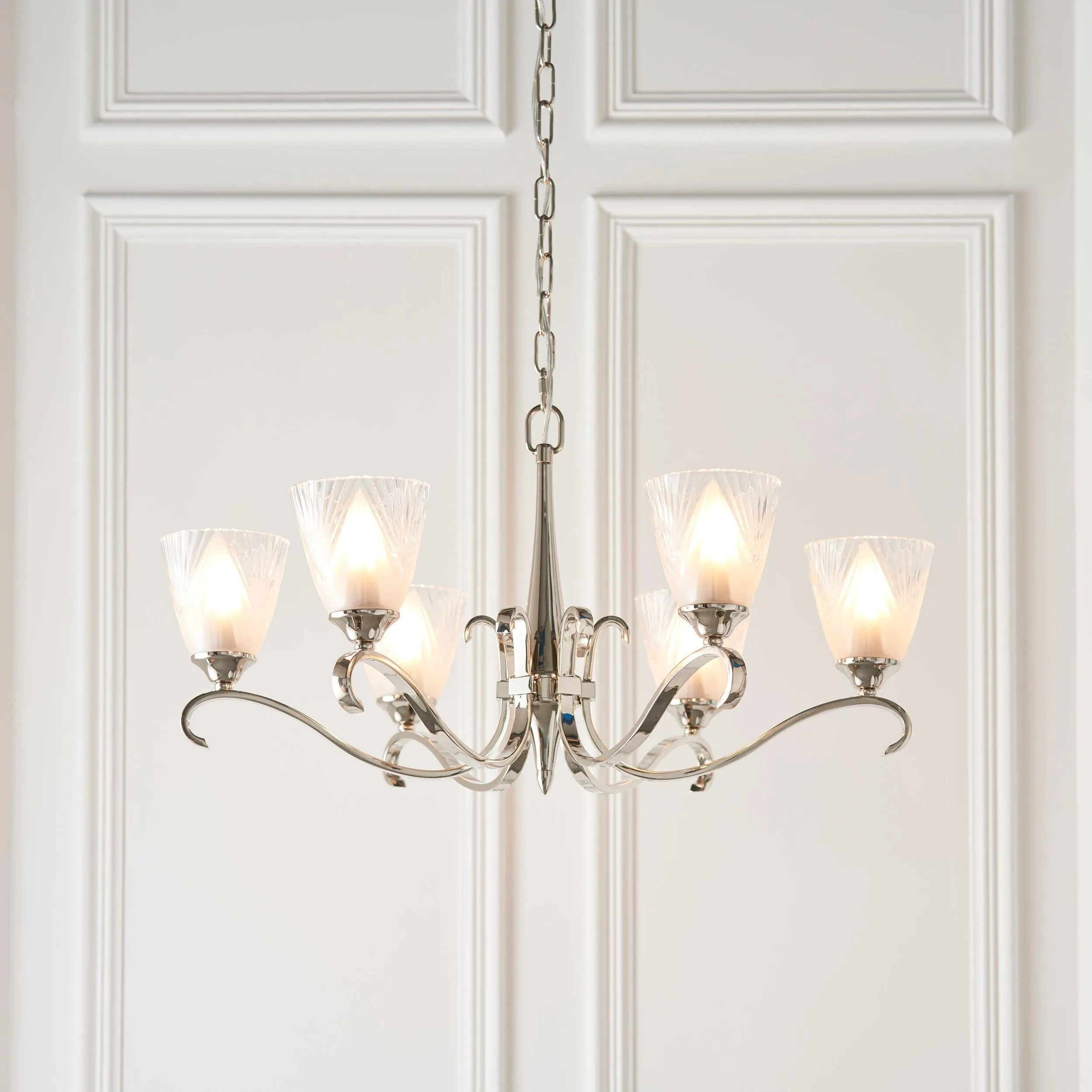Columbia 6 Light Nickel Chandelier - Art Deco Glass Shade