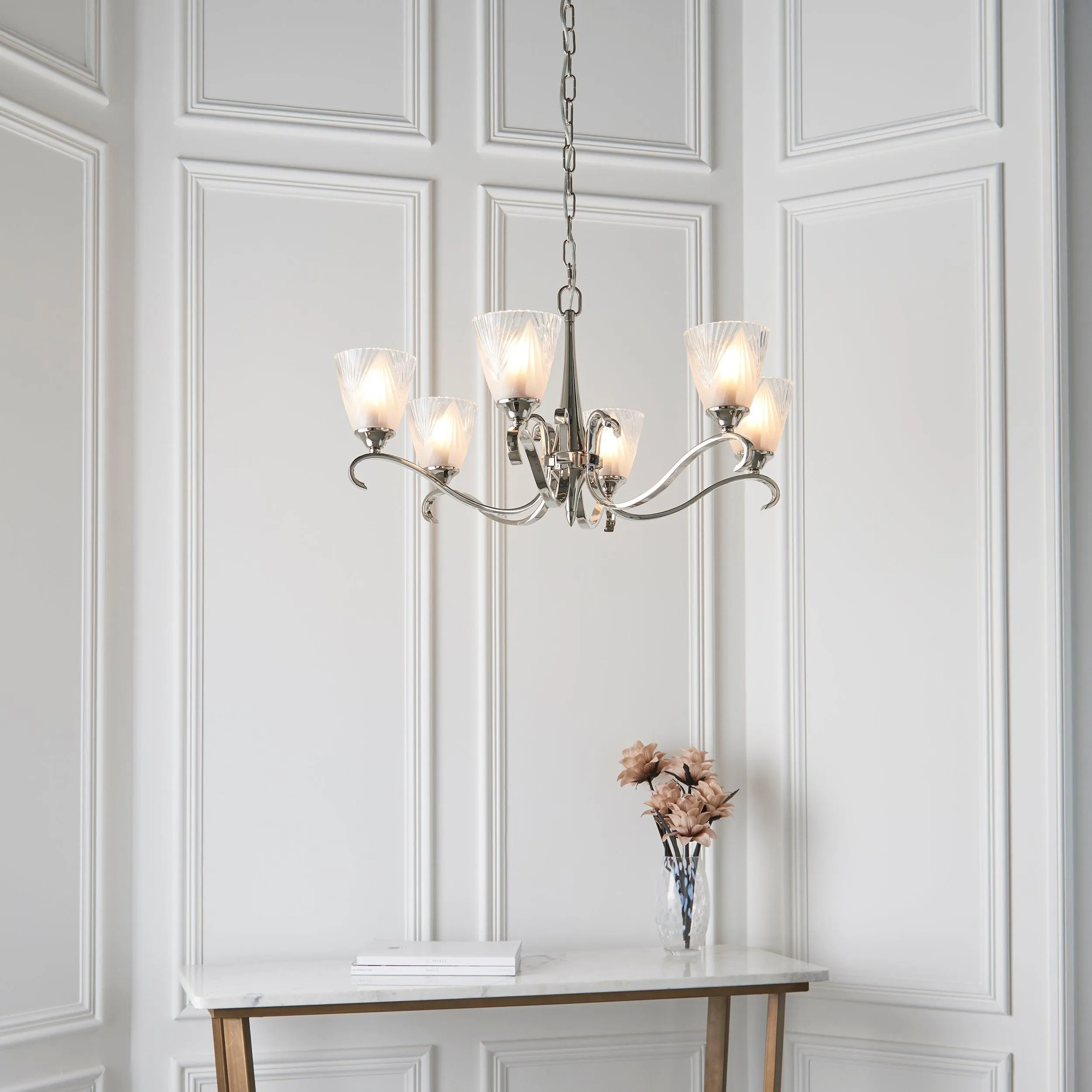 Columbia 6 Light Nickel Chandelier - Art Deco Glass Shade