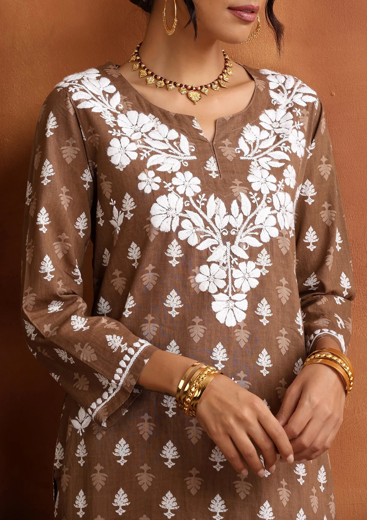 Cotton Chikankari Printed Women's 2 PC Long Kurta Set - Brown