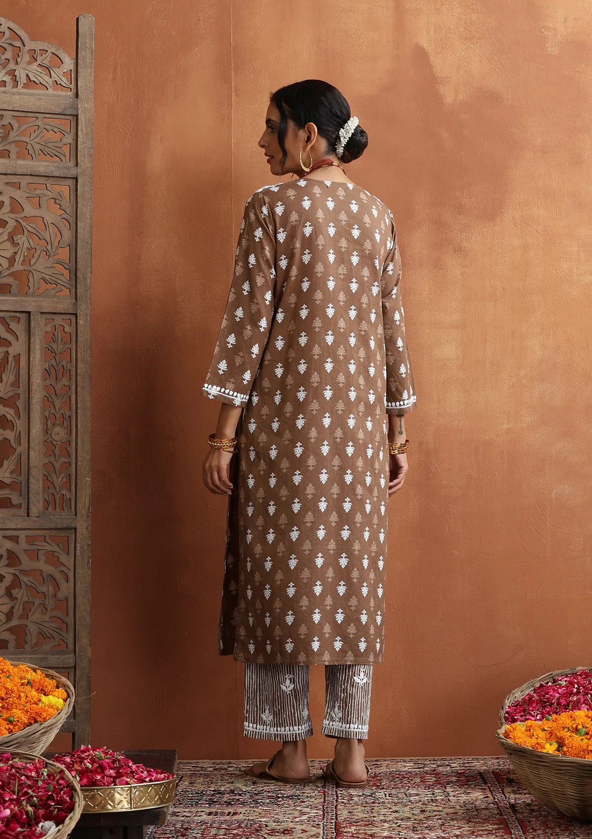 Cotton Chikankari Printed Women's 2 PC Long Kurta Set - Brown