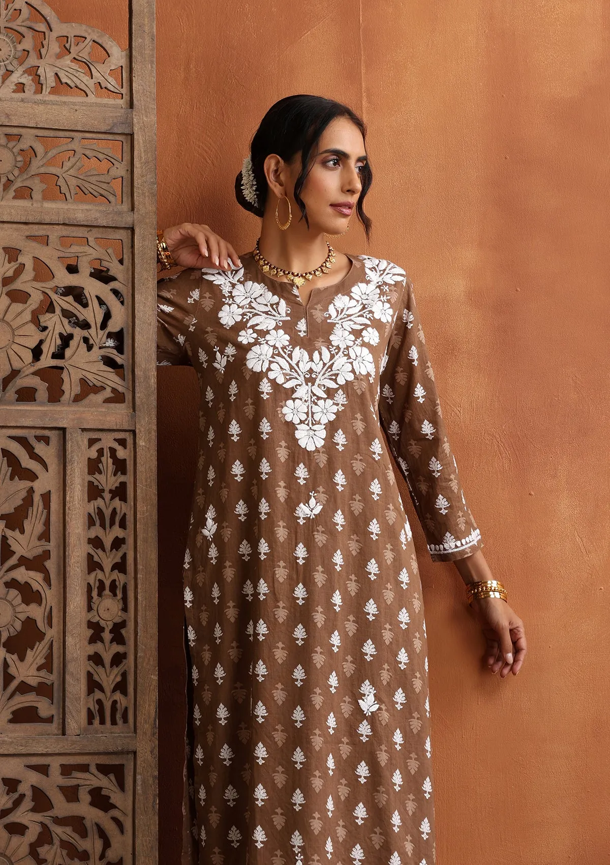 Cotton Chikankari Printed Women's 2 PC Long Kurta Set - Brown