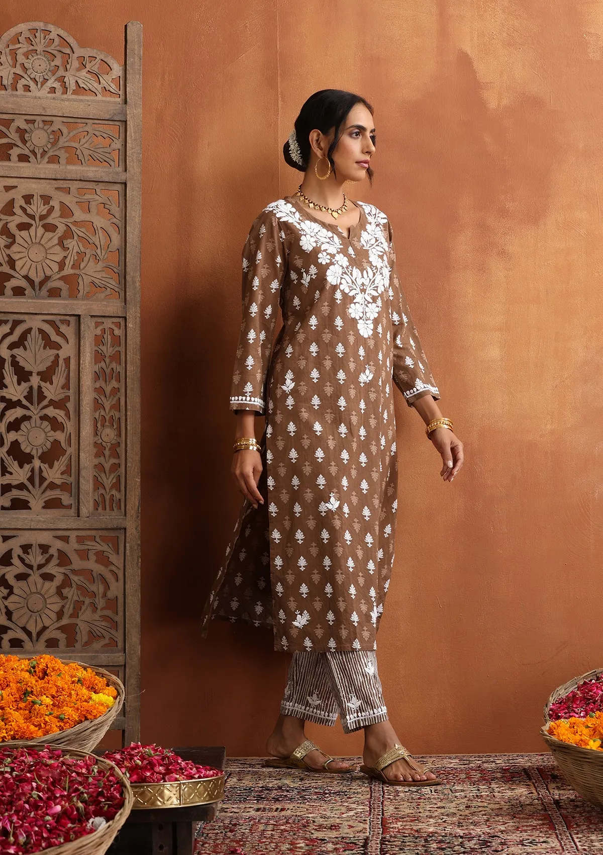 Cotton Chikankari Printed Women's 2 PC Long Kurta Set - Brown