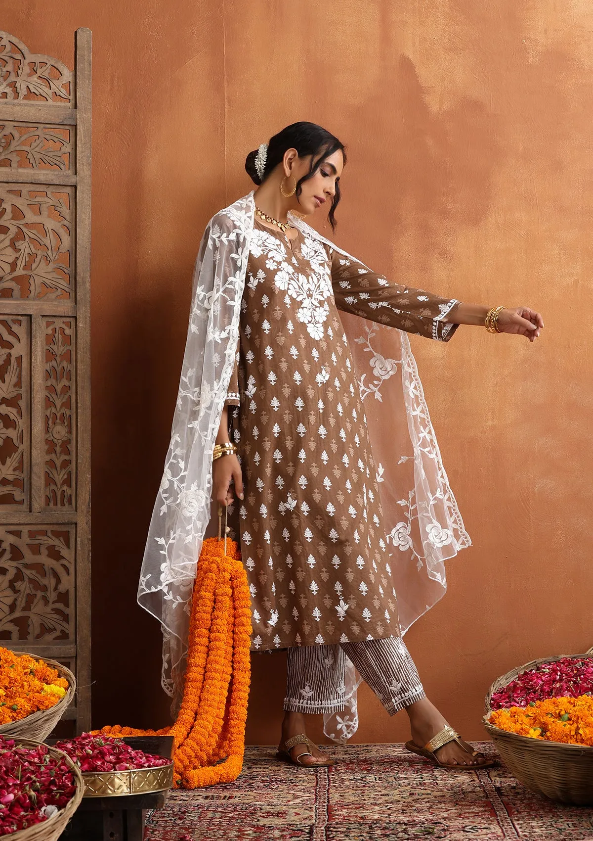 Cotton Chikankari Printed Women's 2 PC Long Kurta Set - Brown