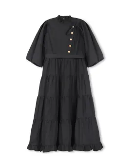 Polished Cotton Black Midi Dress with Tiered Design and Side Button Tie Detail