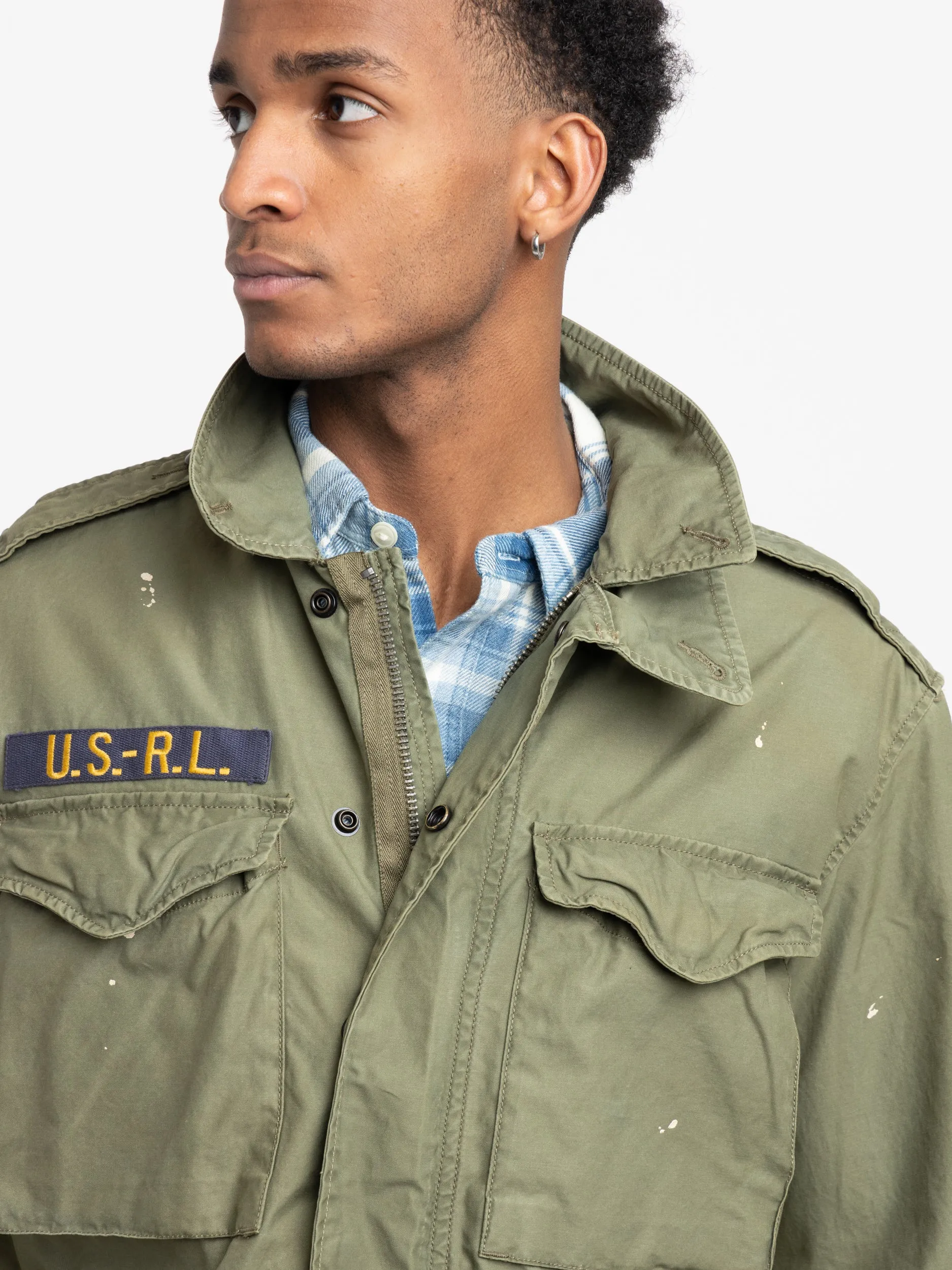 Green Paint-Splatter Twill Field Jacket