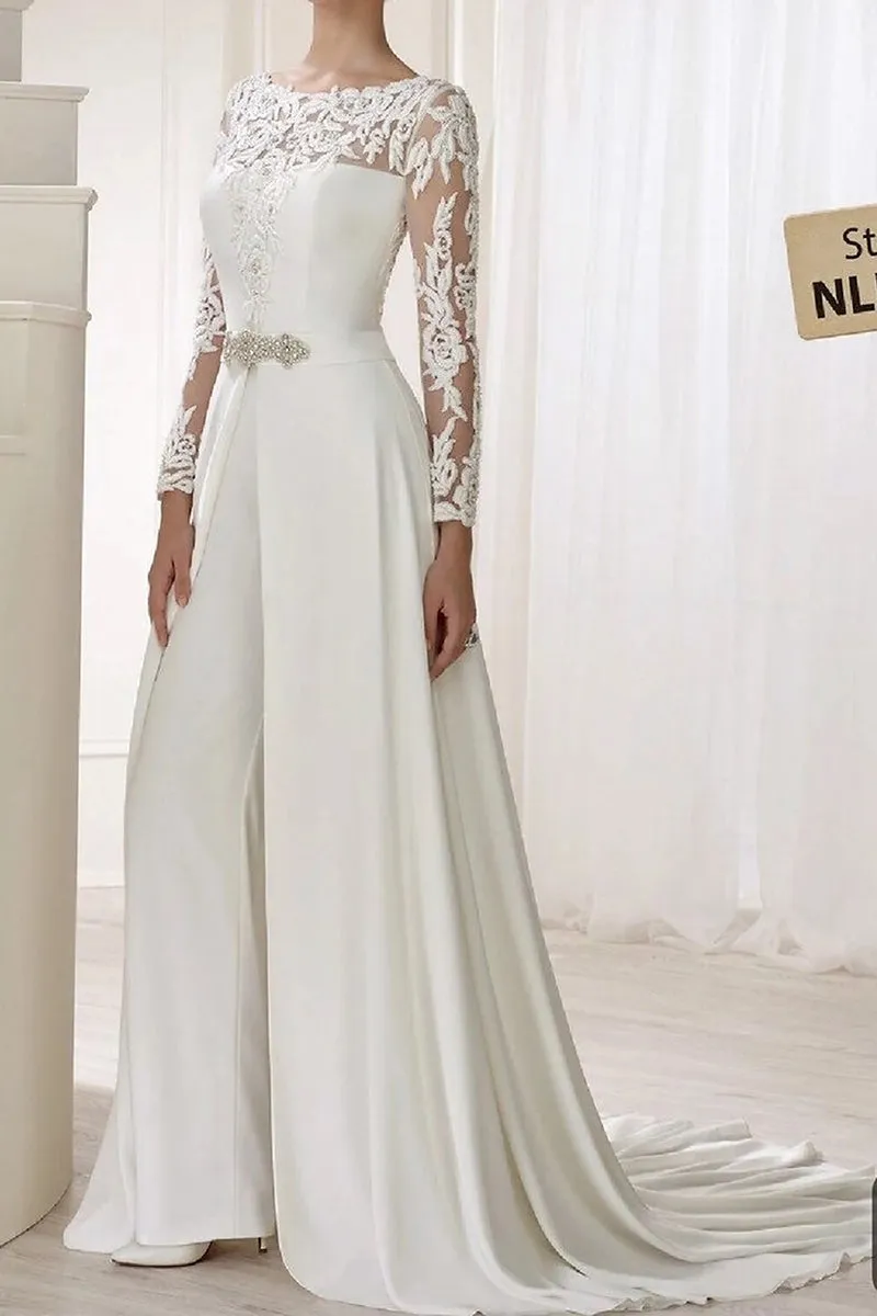 Hall Casual Wedding Dresses Jumpsuits Long Sleeves Illusion Neckline With Sashes / Ribbons Crystals 2023 Bridal Gowns QW2397
