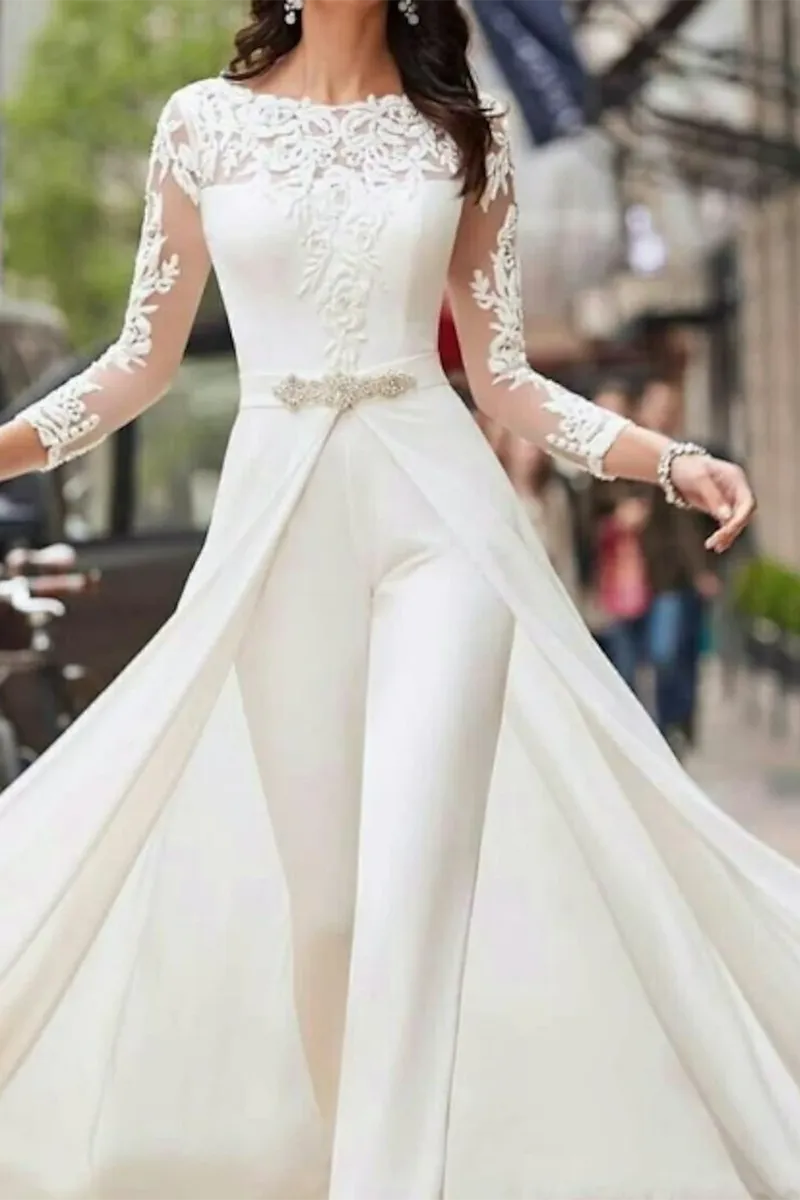 Hall Casual Wedding Dresses Jumpsuits Long Sleeves Illusion Neckline With Sashes / Ribbons Crystals 2023 Bridal Gowns QW2397