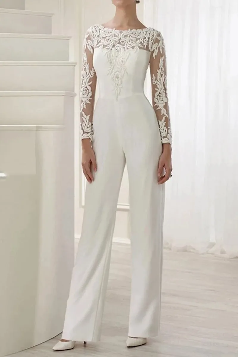 Hall Casual Wedding Dresses Jumpsuits Long Sleeves Illusion Neckline With Sashes / Ribbons Crystals 2023 Bridal Gowns QW2397