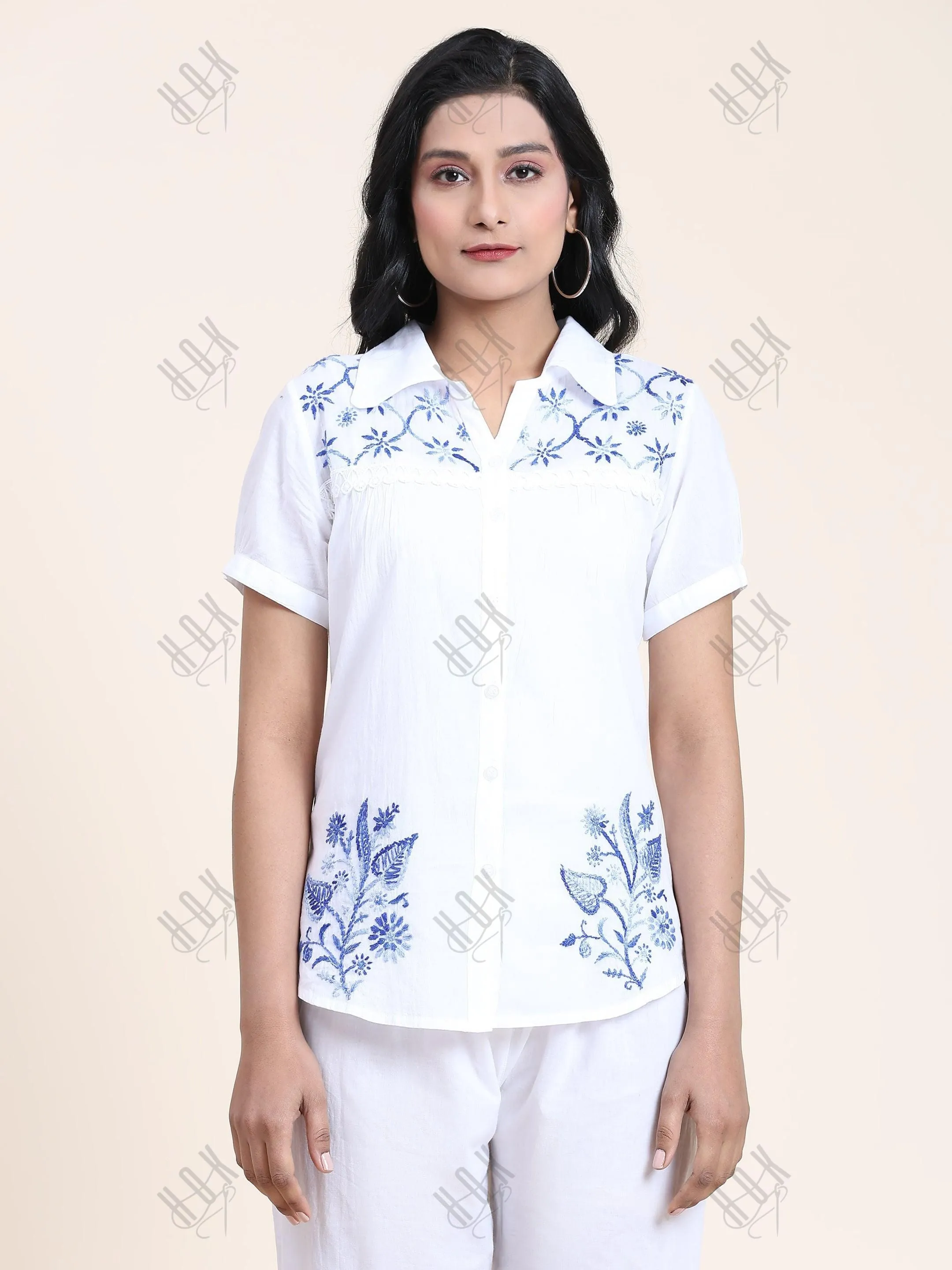 Hand embroidery Chikankari tunic-White With Blue