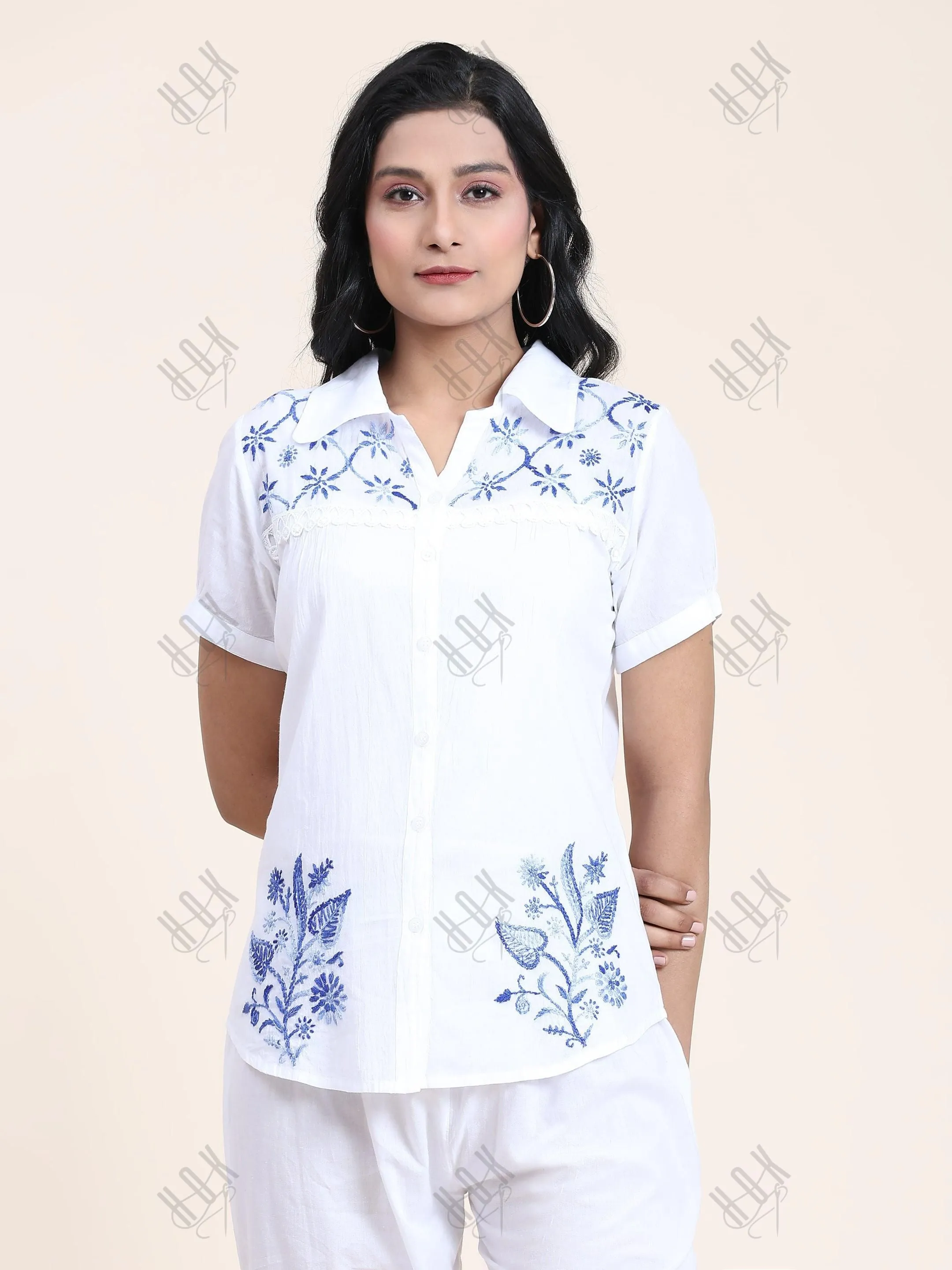 Hand embroidery Chikankari tunic-White With Blue